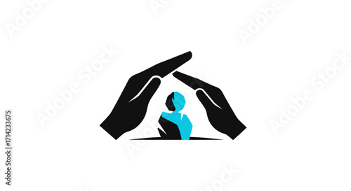 Hands protecting a person symbolizing care and security.