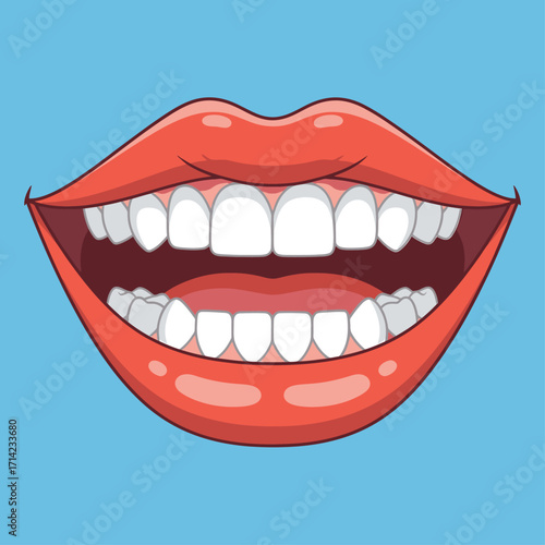 Cartoon illustration of open mouth with red lips and white teeth on a blue background.