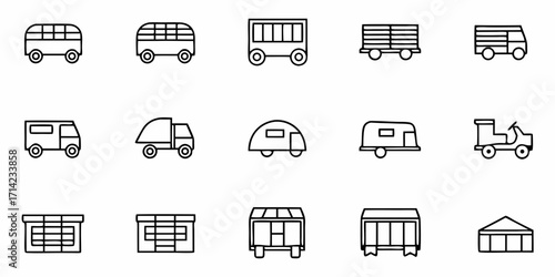 Collection of outline style transportation vehicles including buses trucks and trailers line art drawing