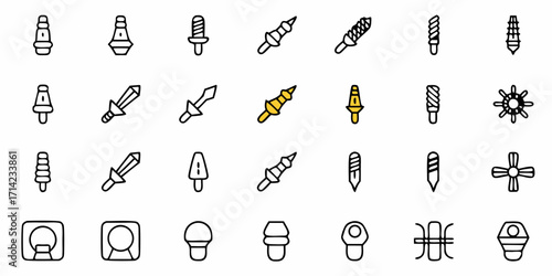 Illustration showcasing an array of assorted objects including swords and various decorative elements in a grid