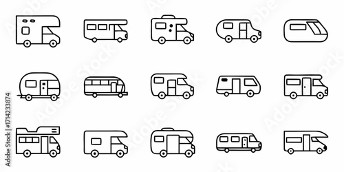 Fifteen outlined camper vans and recreational vehicles in various styles arranged in a grid pattern on white