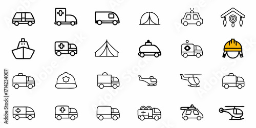 Line art icons depicting various vehicles and shelters including cars ambulances and tents in black and white