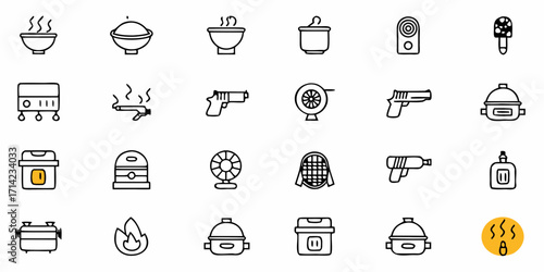 Illustration of various objects including cooking pots, guns, fans, and other miscellaneous items