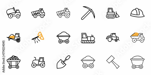 Illustration showing mining equipment and tools including trucks, carts, and safety gear in a line up format