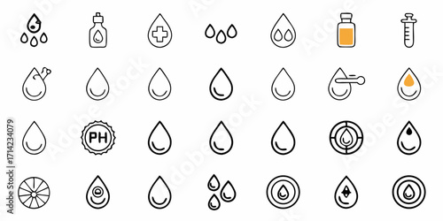 Collection of various drop icons with different designs including ph level and liquid in a bottle design