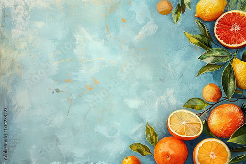 Fresh citrus fruits including oranges, lemons, and grapefruits with green leaves arranged in a corner on textured light blue background. Flat lay, copy space for text, summer food concept.