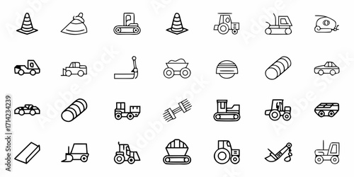 Outlined construction vehicles and equipment icons arranged in a grid like pattern design style