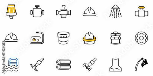 Collection of industrial and safety equipment icons including helmets valves and other related objects
