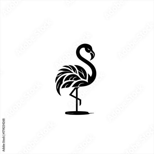 Elegant black flamingo silhouette with leaf pattern on white background