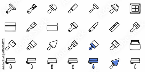 Illustration of various painting and construction tools including brushes rollers and putty knives in rows