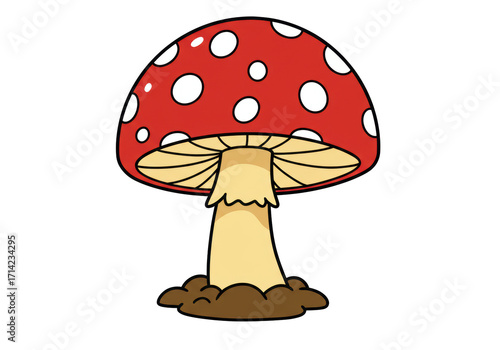 Isolated mushroom with a red cap and white spots, cute illustration of a toadstool plant