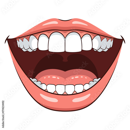 Cartoon depiction of a wide-open mouth showcasing healthy, white teeth and pink gums.