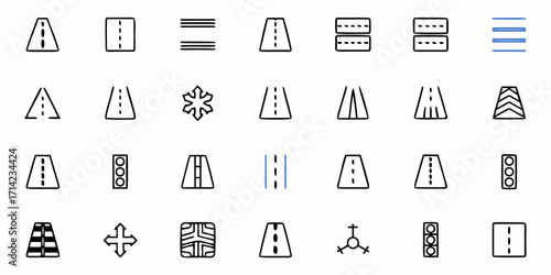 Collection of various road and traffic related icons including road types and traffic signals icons