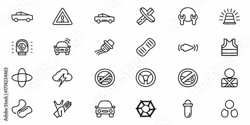 Collection of automotive and safety related icons including cars and warning symbols in sketch style