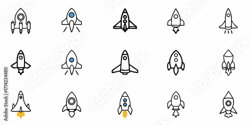 Collection of fifteen rocket ship icons with various designs and styles displayed on a white background