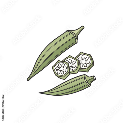 Fresh okra pods and slices isolated on white background