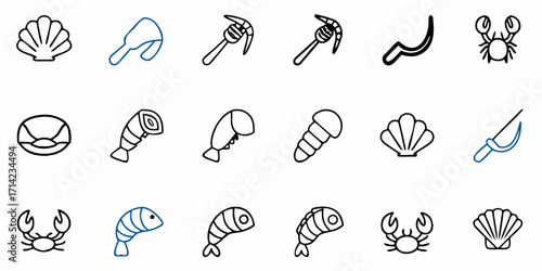 Various seafood icons including shellfish shrimp and crab arranged in a grid pattern style drawing
