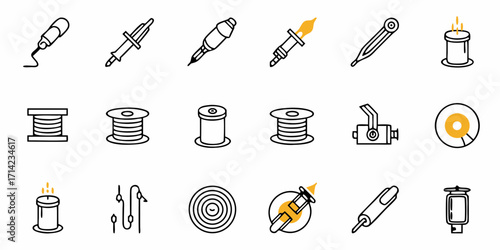 Illustration of various tattoo machines, ink spools, and related equipment in a linear style format