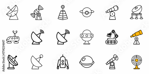 Illustration of various space exploration icons including satellites and telescopes on a white background