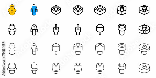 Isometric representation of various bolts and nuts with different shapes and orientations in a grid layout