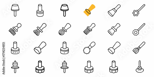Collection of various outline style kitchen utensils and tools arranged in a grid pattern design