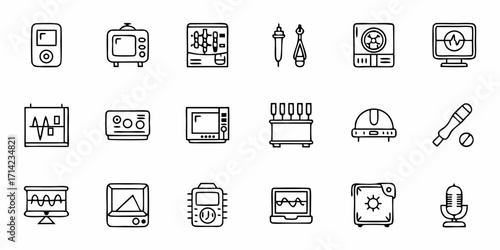 Illustration showing various electronic devices and laboratory equipment in a simple line drawing style