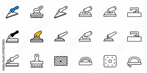 Various trowels and finishing tools for construction and plastering are arranged in a grid pattern