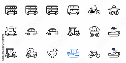Depiction of various transportation methods including buses cars boats and bicycles in a simple line art style