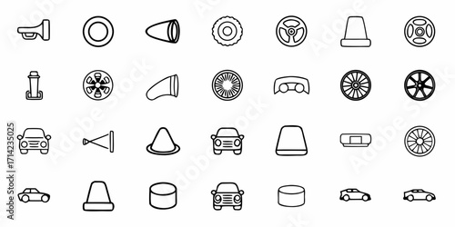 A collection of car parts and accessories in outline style on a white background is displayed here