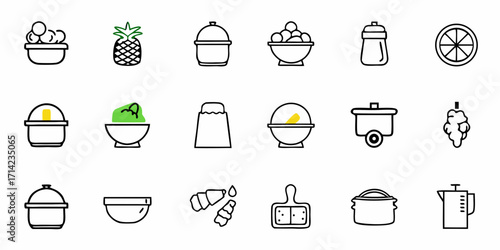 Illustration showing various kitchen and food related icons in a simple black and white style design