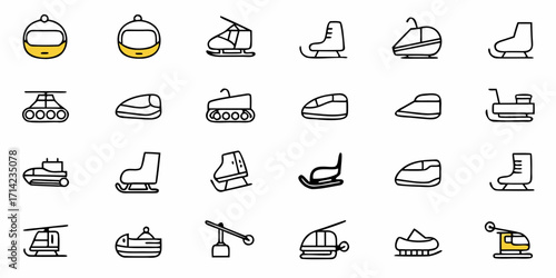 Illustration of a variety of winter transportation and recreation equipment in a cartoon style design
