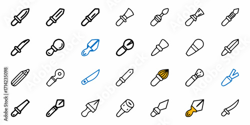 Collection of various hand drawn tools and implements including knives brushes and other craft related items