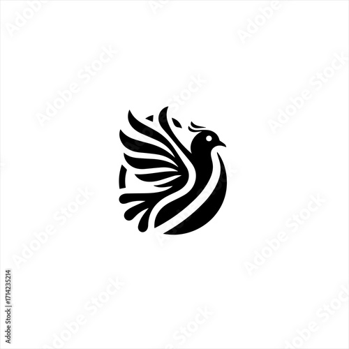 Stylized black dove logo with wings spread in a circle