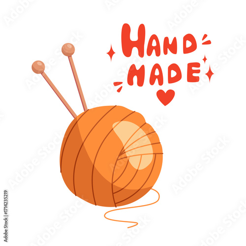 Hand made lettering. Wool ball and knitting needles. Vector Illustration.
