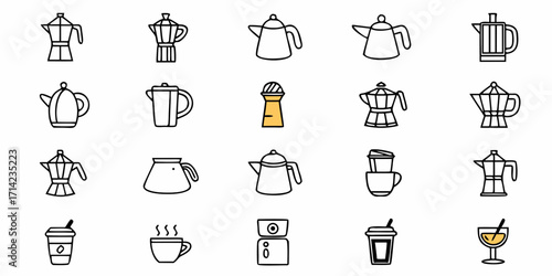 Collection of various coffee and tea brewing equipment and drink containers in line art style