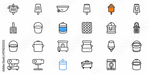 A collection of various outlined icons including kitchenware, tools, and other household objects
