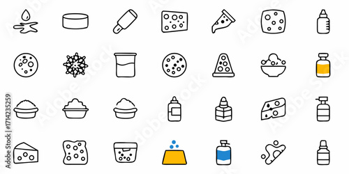Collection of various food items and containers including cheese pizza and liquid in different forms 100