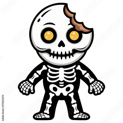 A quirky and cute skeleton character with a cookie in its head