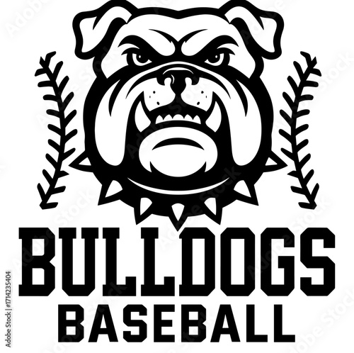 Baseball team logo featuring fierce bulldog head and crossed bats with bold text, in a black and white design

