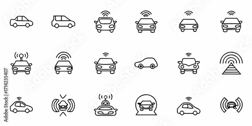 Outline icons depicting various autonomous vehicles and related communication technologies for smart transport use