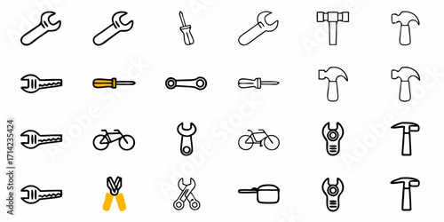 Illustration of various tools including wrenches, screwdrivers, hammers and a bicycle in black outline