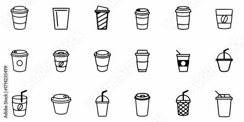 Collection of coffee cups and beverage containers with various designs in black outline illustration style