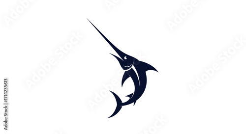 Elegant silhouette of a swordfish leaping gracefully against a white backdrop.