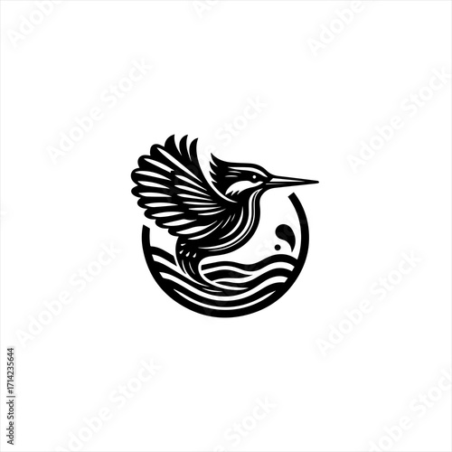 Stylized kingfisher bird diving into water logo design