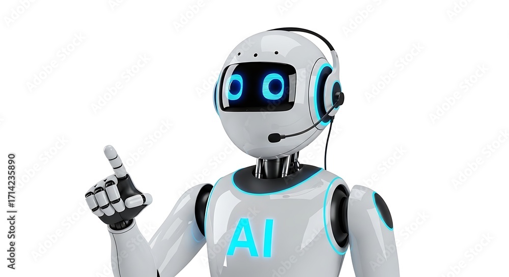 Naklejka premium White robot with ai logo and headset, pointing finger, isolated on white background