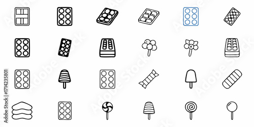 Illustration of assorted sweets including chocolates candies and ice cream in a minimalist style drawing style
