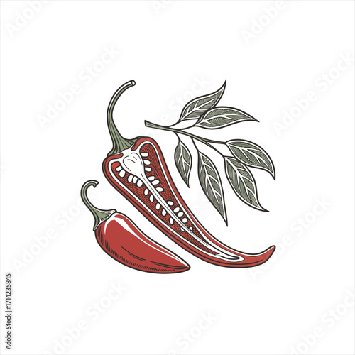 Red chili peppers with leaves illustration