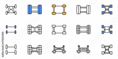 Illustration showing a variety of stylized vehicle chassis designs with different wheel configurations