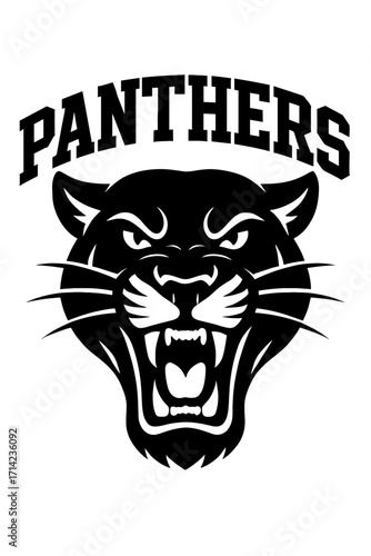 Black and white vector of a fierce panther mascot face with “Panthers” text above, bold and aggressive team logo
