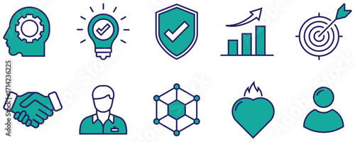 Integrity, Innovation, and Teamwork Icons Collection in Line Art Design
